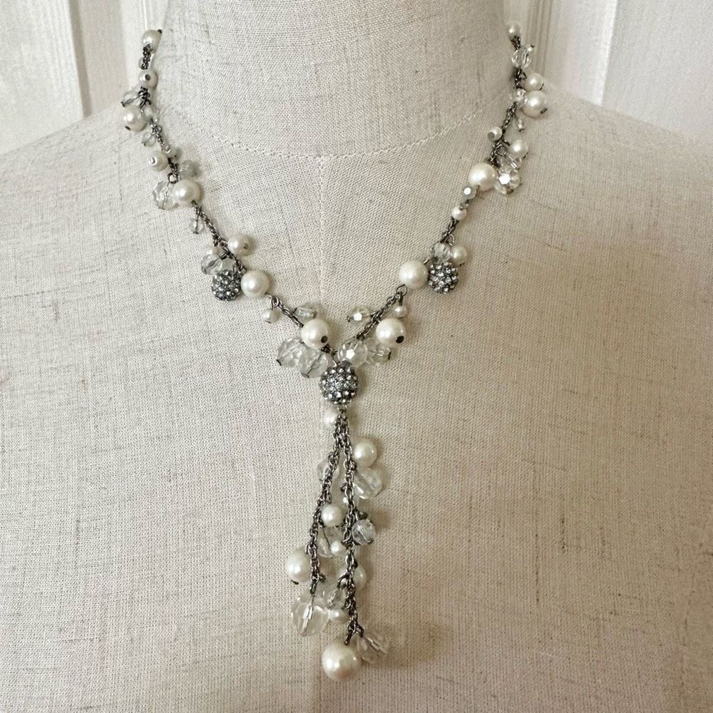 Faux pearl silver tone beaded cluster necklace